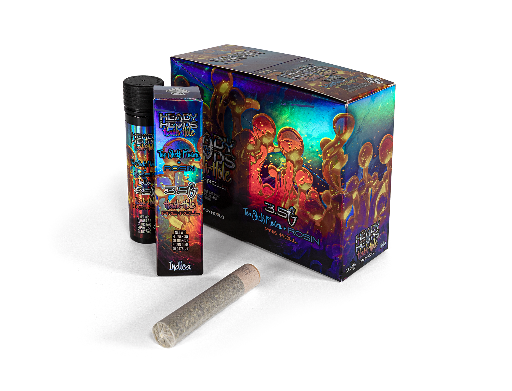 Hash-Hole Pre-Roll display box with Indica, Sativa, and Hybrid variants
